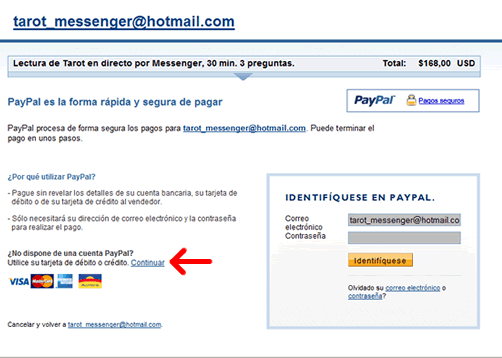 Figura 1: Gr&aacute;fico de p&aacute;gina de transacciones de PayPal para pagar servicio de lectura de tarot online