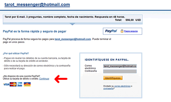 Figura 1: Gr&aacute;fico de p&aacute;gina de transacciones de PayPal para pagar servicio de lectura de tarot online